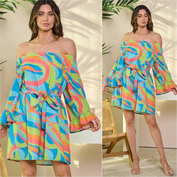 Harmony In Nature Dresses & Skirts - Kaleidoscope Dreams Off-Shoulder Dress -  Tropical